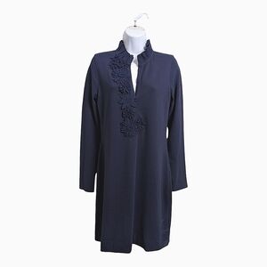 Lilly Pulitzer Clary Polo Mini Dress Long Sleeve Ruffled Neck Flowers Navy S